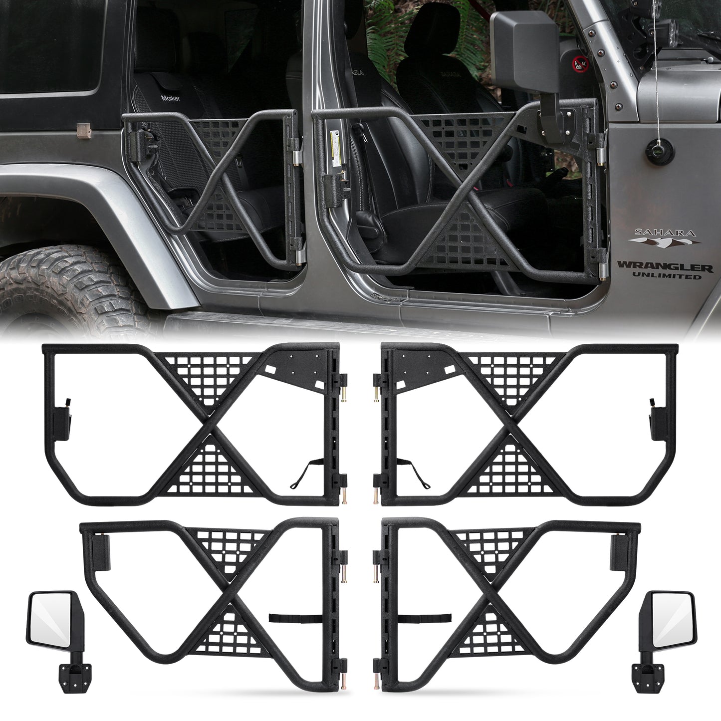 Tube Doors Tubular Half Doors with Rearview Mirror Compatible with 2007-2018 Jeep Wrangler JK JKU Unlimited 4-Doors Safari Tubular Off Road Summer Trail Adventu Competition