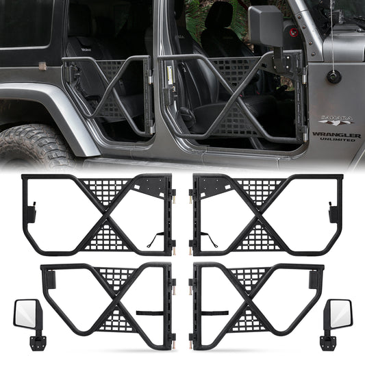 Tube Doors Tubular Half Doors with Rearview Mirror Compatible with 2007-2018 Jeep Wrangler JK JKU Unlimited 4-Doors Safari Tubular Off Road Summer Trail Adventu Competition