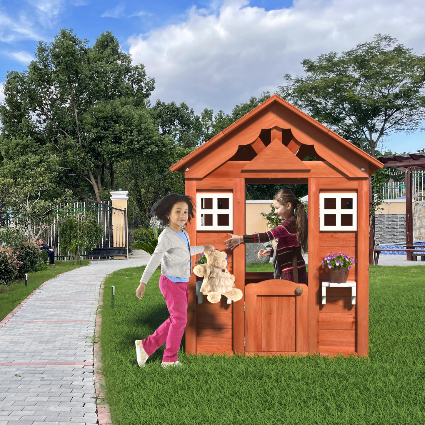Wooden Kids Playhouse with 2 windows and flowerpot holder,42'Lx46'Wx55'H,Golden Red