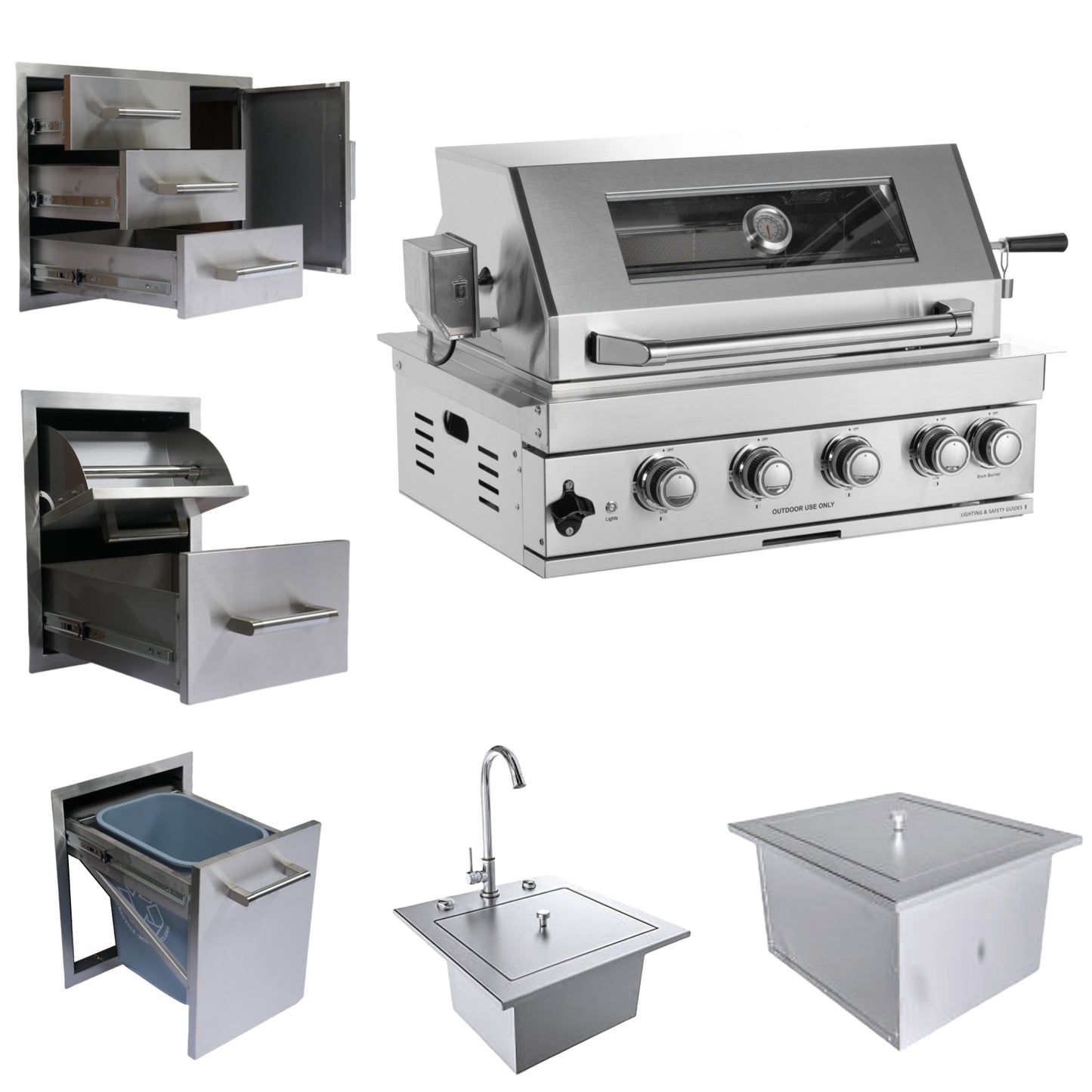 Built-in Outdoor Kitchen 32 inch LPG Gas Grill 60000 BTU Stainless Steel Four burners Grill with Infrared Rear Bunrer and Door and Drawer Combo and Drop in Stainless Steel 304# Sink and ICE BIN