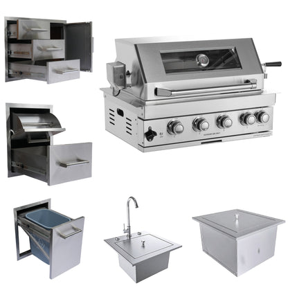 Built-in Outdoor Kitchen 32 inch LPG Gas Grill 60000 BTU Stainless Steel Four burners Grill with Infrared Rear Bunrer and Door and Drawer Combo and Drop in Stainless Steel 304# Sink and ICE BIN