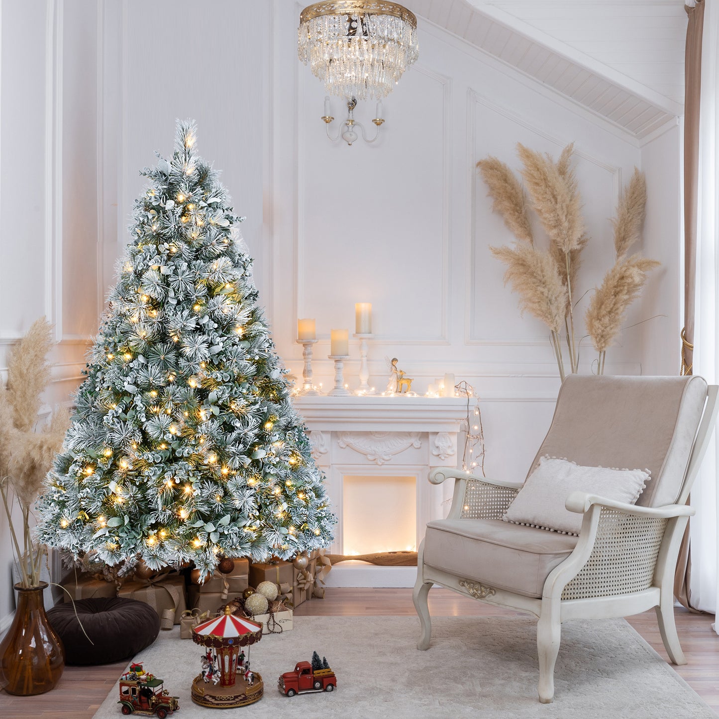 4FT Prelit Flocked Christmas Tree with Pine Needles & Eucalyptus Leaves, 150 Warm White LED Lights, 404 Tips, Hinged Branches, Metal Stand – Snowy Artificial Tree for Holiday Decor