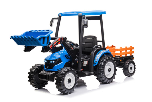 24V Kids Ride on Tractors with Parent Remote Control, Pedal Tractors with Working Loader and Backhoe Digger, Kids' Ride on Car Toys 24V Battery Powered Electric Vehicles with Trailer, Digger (Blue)