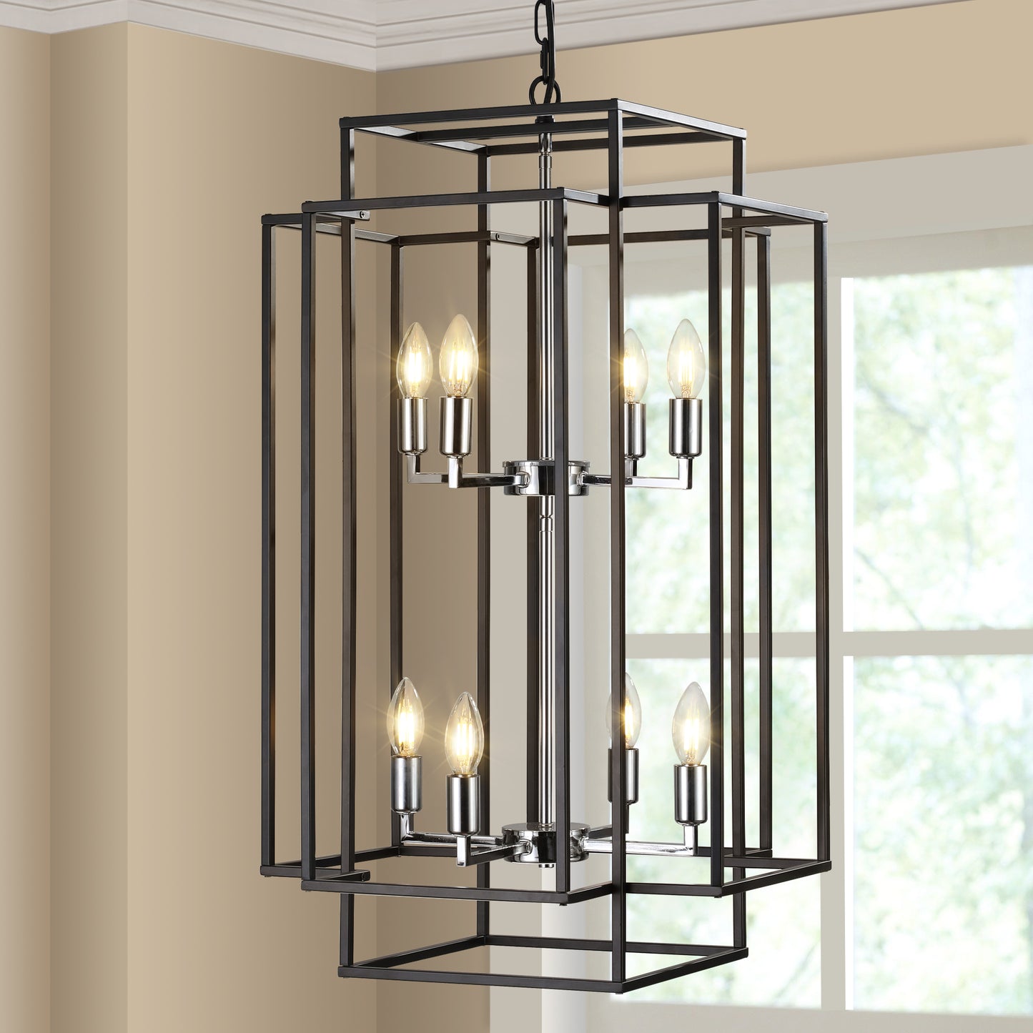 (Same as W1340142525/L1018-C) 18' Modern 8-Light Black & Chrome Geometric Pendant Chandelier, Industrial Metal Frame, Adjustable Hanging Light for Living Room, Dining Room, Kitchen (No Bulbs)