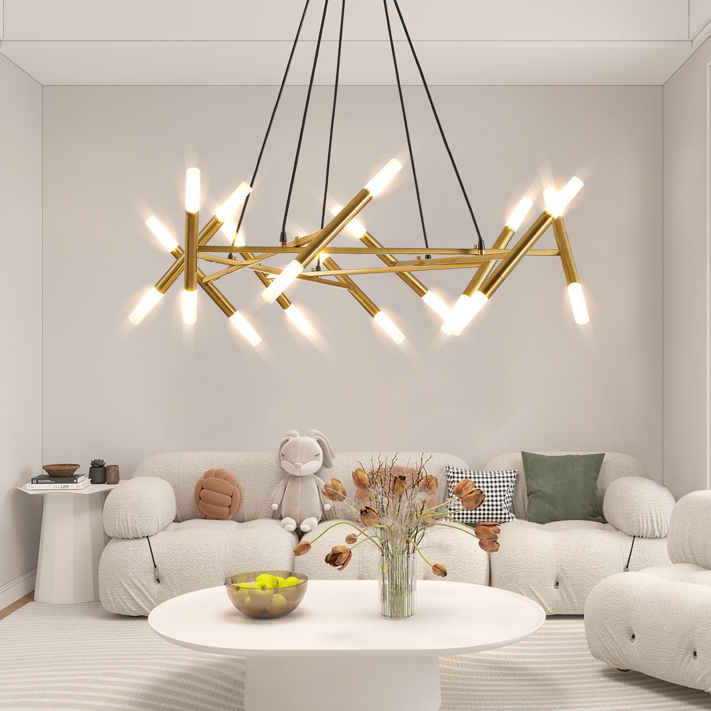 41' Golden Modern Chandelier Light Fixture, Branch Design with Frosted Tubes, Black Cords, Adjustable Height Pendant Light for Dining Room, Living Room, or Kitchen Island (Bulb Not Included)