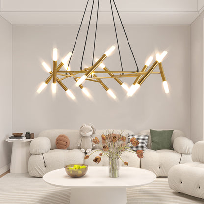 41' Golden Modern Chandelier Light Fixture, Branch Design with Frosted Tubes, Black Cords, Adjustable Height Pendant Light for Dining Room, Living Room, or Kitchen Island (Bulb Not Included)