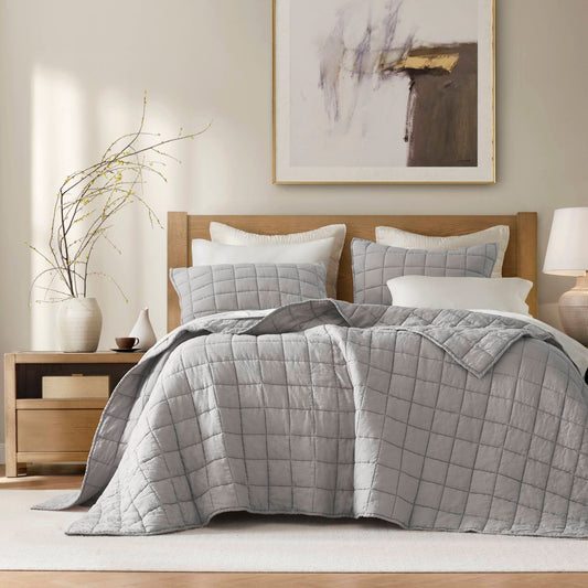 3-Piece Full/Queen Linen Garment Washed Quilt Set,Gray