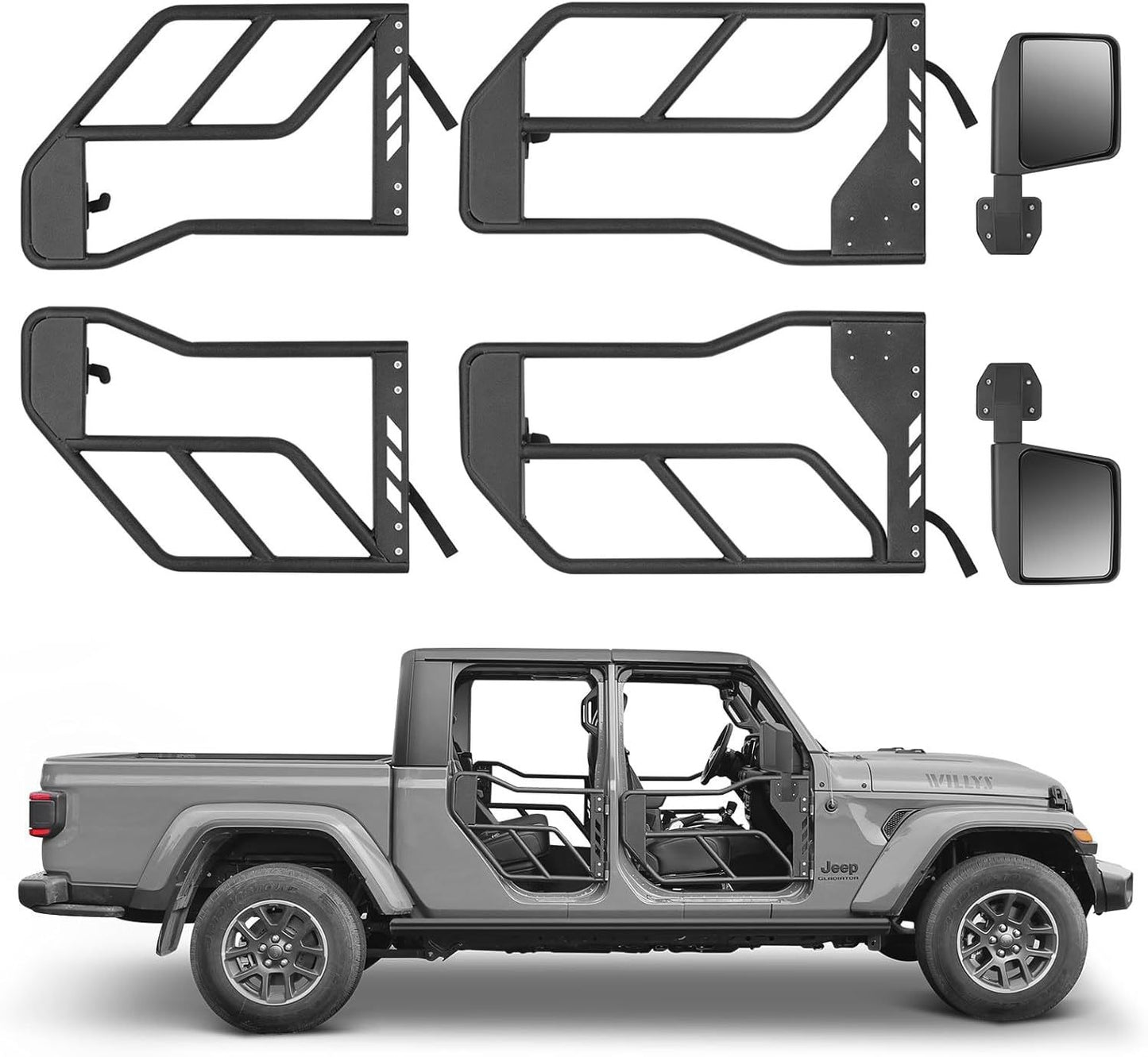 Tube Doors with Side View Mirror for 2018-2024 Jeep Wrangler JL JLU & Gladiator JT 4-Doors (Includes 4XE) 4-piece set Off Road Summer Trail Adventure