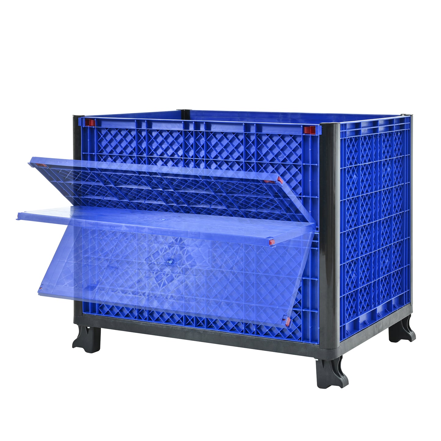Collapsible Bulk Container With  Doors, Solid Wall,total capacity of 600 lbs Stacks up to 4 high for a total of 2000 lbs, Blue
