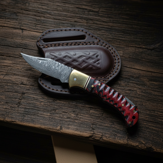 Crimson Ridge Damascus Folding Knife - TF-096