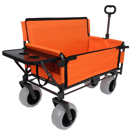 3-in-1 Folding Wagon with Bench Seat & Rear-Mounted Folding Tabletop – 500lbs Capacity, 9'x4' Beach Tires for Camping, Orange