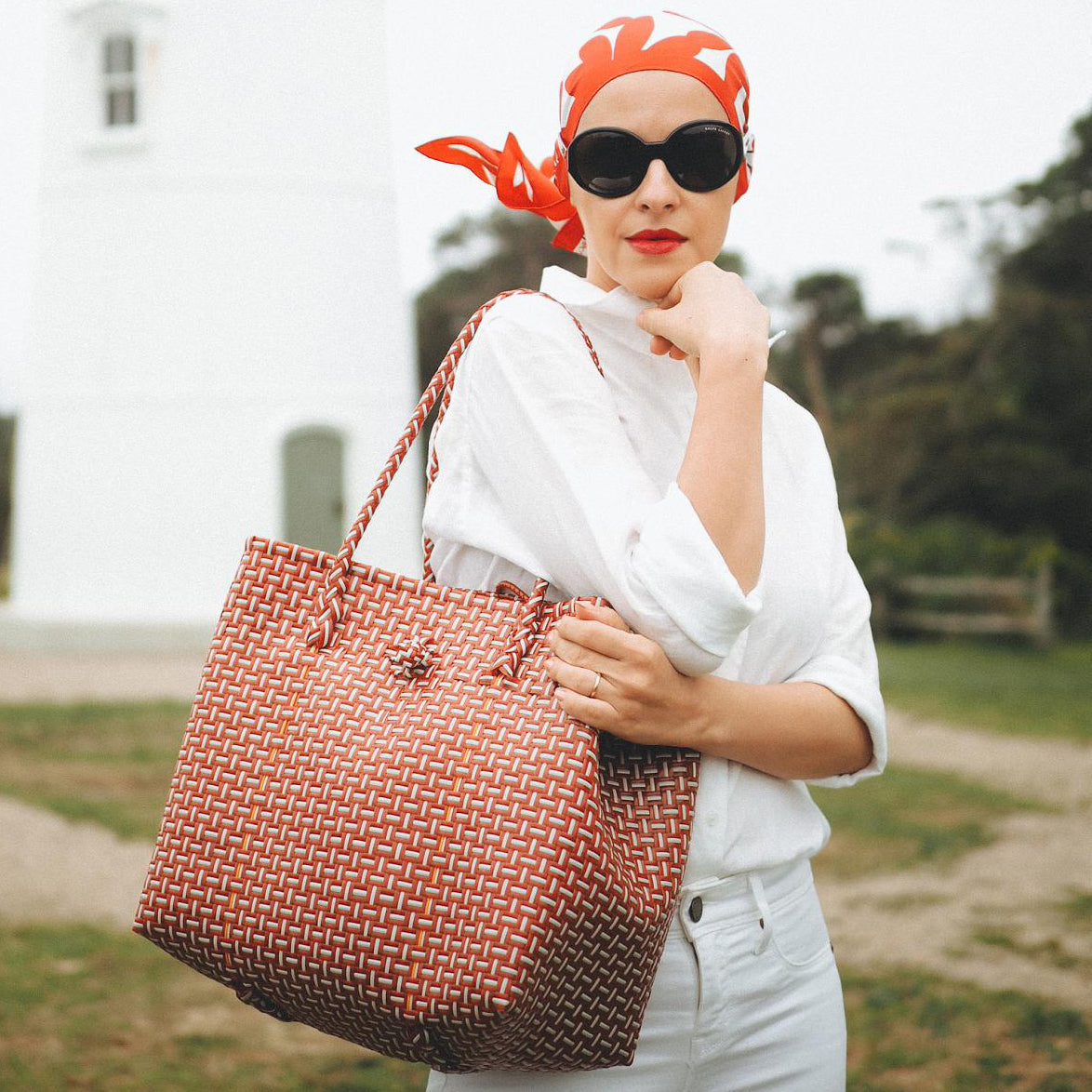 The Toko Recycled Woven Tote Bag in Red & White