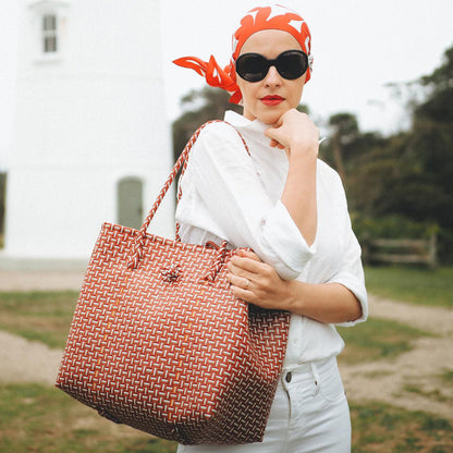 The Toko Recycled Woven Tote Bag in Red & White