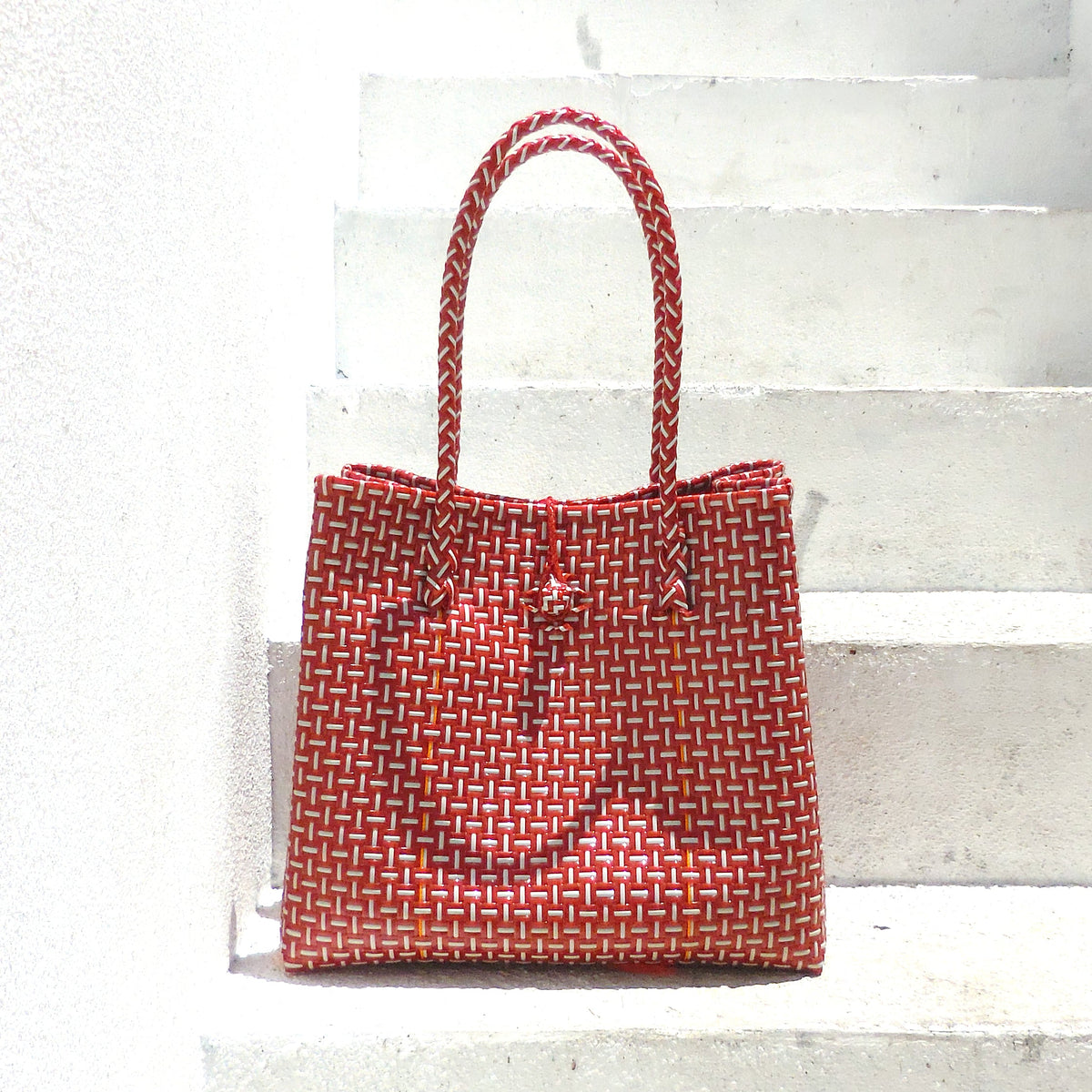 The Toko Recycled Woven Tote Bag in Red & White