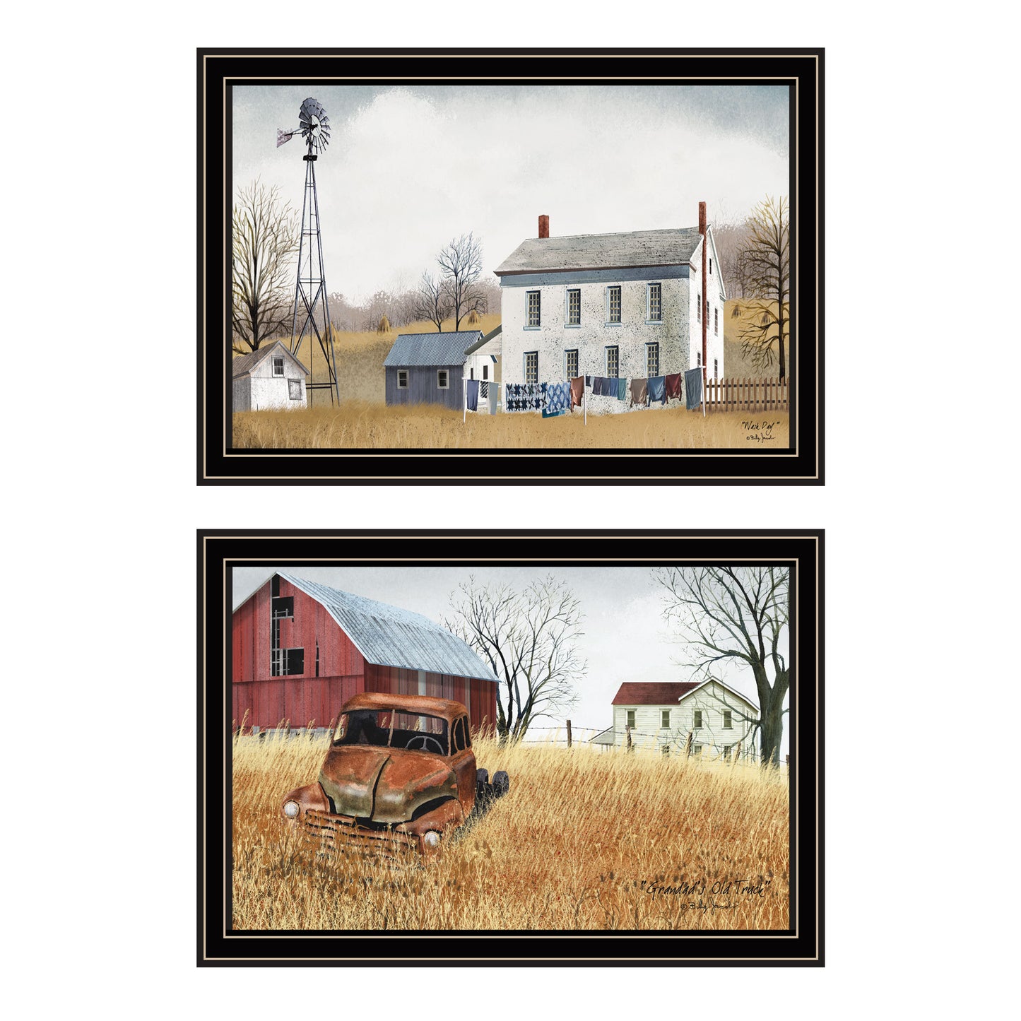 Trendy Decor 4U 2- Piece Vignette Washday and Granddad's Old Truck Black Framed Wall Art for Living Room, Bedroom Wall Art Print for Home Decor by Billy Jacobs