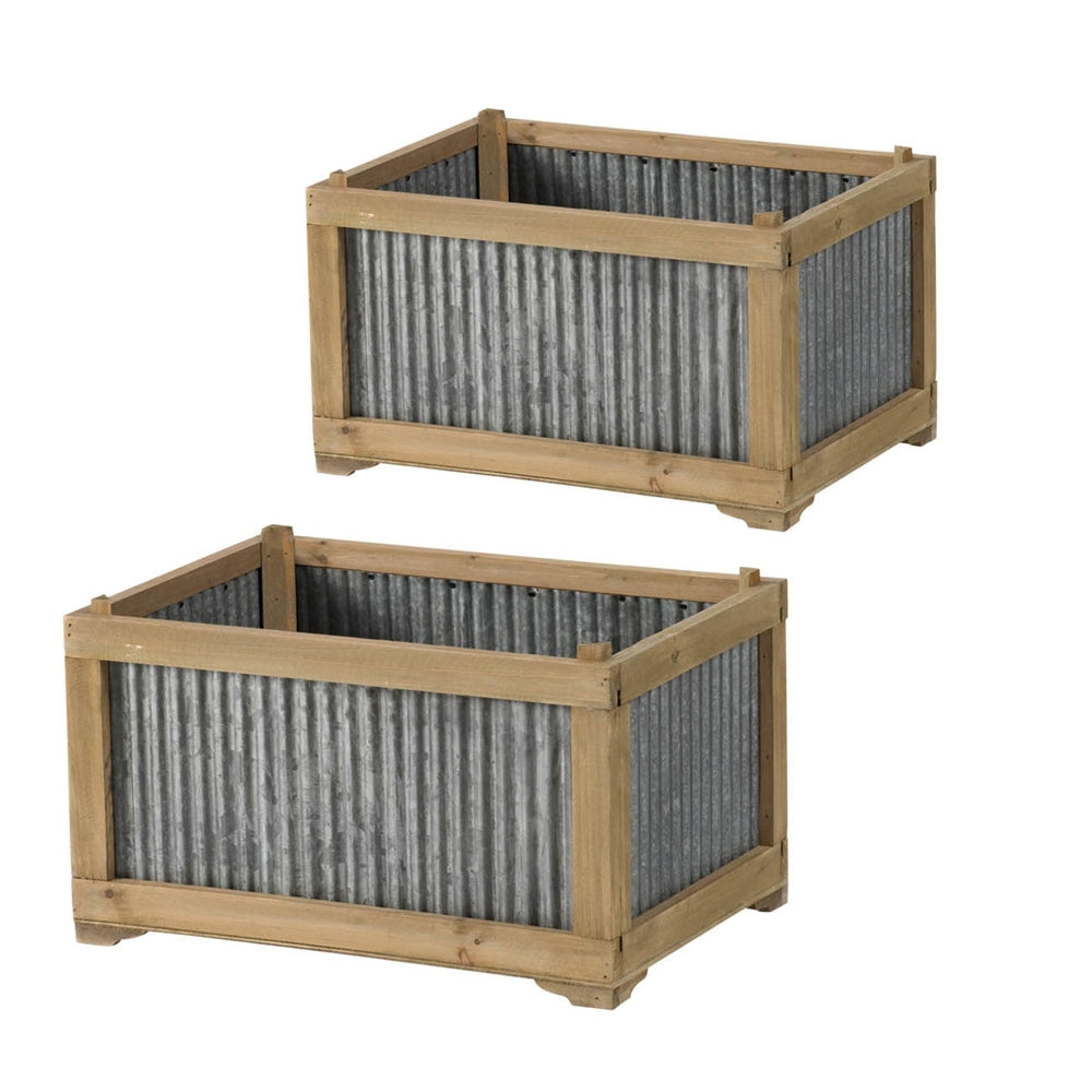 Set Of 2 Rectangular Rustic Planter, L:20x14x11.5' S:17x12x10'