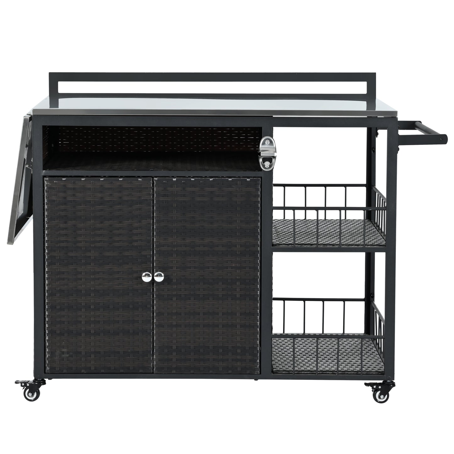Dark Brown Outdoor Kitchen Island with Storage, Cooking Station, Grill Cart, Foldable Tabletop, and Bottle Opener
