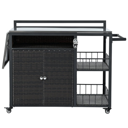 Dark Brown Outdoor Kitchen Island with Storage, Cooking Station, Grill Cart, Foldable Tabletop, and Bottle Opener