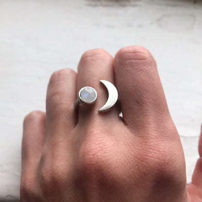 Moon Goddess Ring - Crescent Moon With Rainbow Moonstone