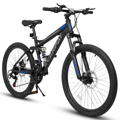 A2460 24 Inch Mountain Bike with Full Suspension, 21 Speed Grip Shifters, High Carbon Steel Frame, Mechanical Disc Brakes, Unisex for Men/Women/ Adults, Ideal for Trails.
