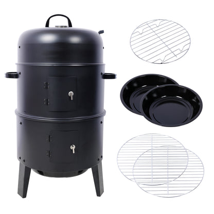 Portable Charcoal Smoker Grill for Outdoor Cooking, Black Steel, 16 Inch Vertical Smoker