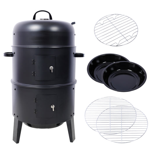Portable Charcoal Smoker Grill for Outdoor Cooking, Black Steel, 16 Inch Vertical Smoker