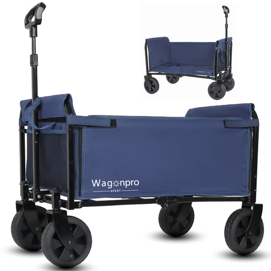 All-in-One Convertible Folding 4-Wheel Trolley with Bench Seat and Dog Leash - Heavy Duty Foldable Utility Trolley for Camping, Beach, Shopping - Versatile Seating and Storage Space, dark blue