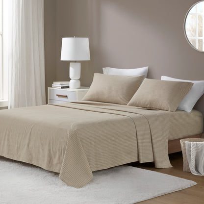 4-Piece Cal King 100% Cotton Flannel Printed Sheet Set,Beige/White Stripes