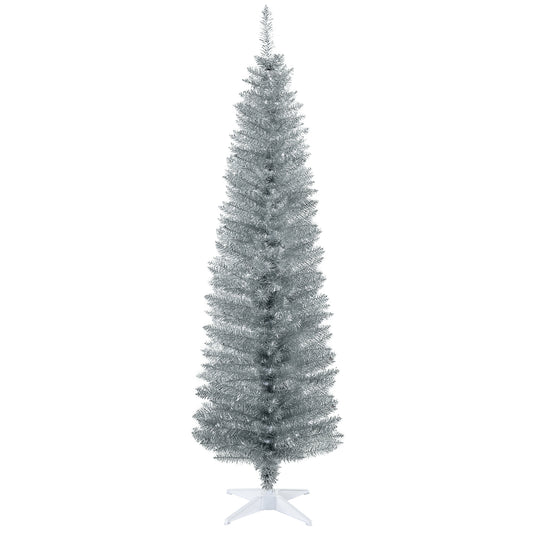 HOMCOM 6' Artificial Pencil Christmas Tree, Slim Xmas Tree with 390 Realistic Branch Tips and Plastic Stand, Silver