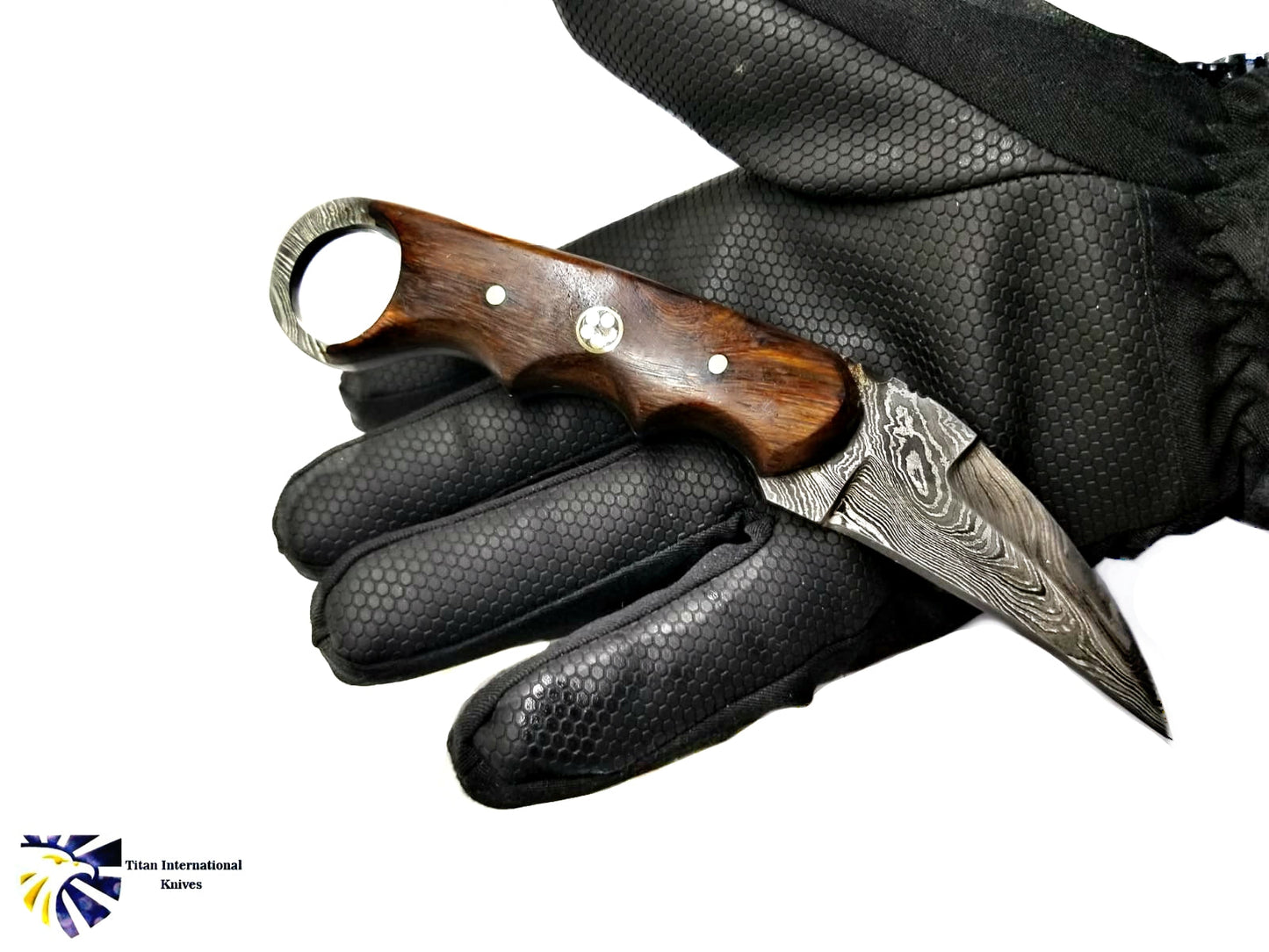 Damascus Flash Ring Skinner With Rose Wood Scales - Curved Fixed Blade Knife TD-199