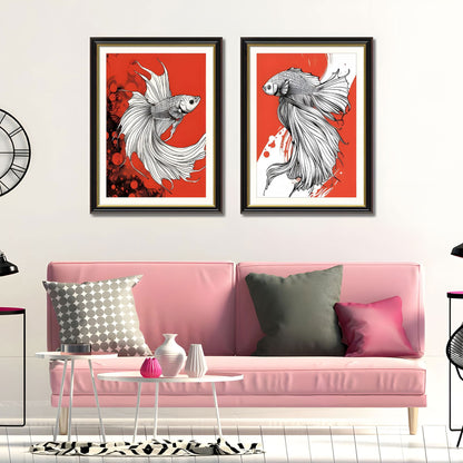 Set of 2 Betta Fish Canvas Wall Art – Interchangeable Prints with Solid Wood Frames, Modern Aquatic Artwork for Dining Room and Living Space 24x32 inches