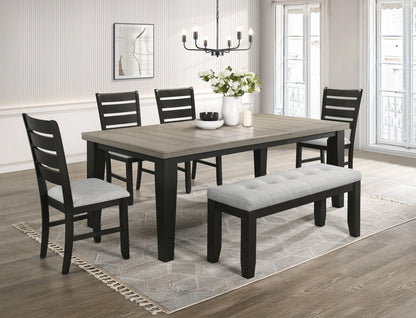 Contemporary 6pc Dining Set 18' Extendable Leaf Table Light Gray Fabric Upholstered Chairs Bench Dark Gray Finish Wooden Solid Wood Dining Room Furniture
