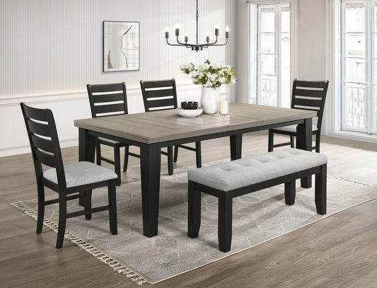 Contemporary 6pc Dining Set 18' Extendable Leaf Table Light Gray Fabric Upholstered Chairs Bench Dark Gray Finish Wooden Solid Wood Dining Room Furniture
