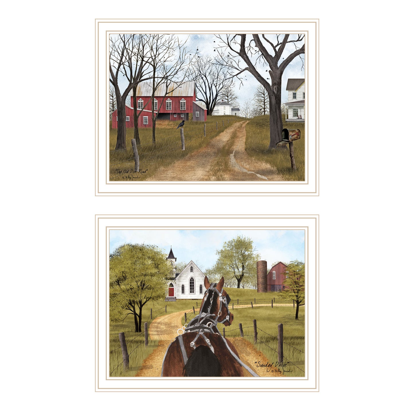 Trendy Decor 4U 2- Piece Vignette Sunday Drive & The Old Dirt Road White Framed Wall Art for Living Room, Bedroom Wall Art Print for Home Decor by Billy Jacobs