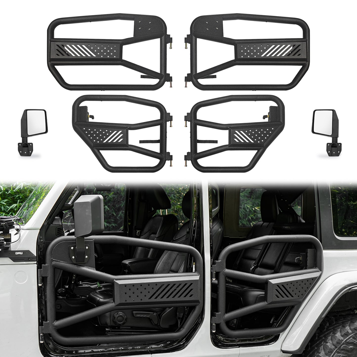 20391 48mm Tube Doors Tubular Half Doors with Side View Mirror Compatible with 2018-2024 Jeep Wrangler JL JLU & Gladiator JT 4XE Safari Tubular Doors Off Road Summer Trail Adventu - US Flag Style