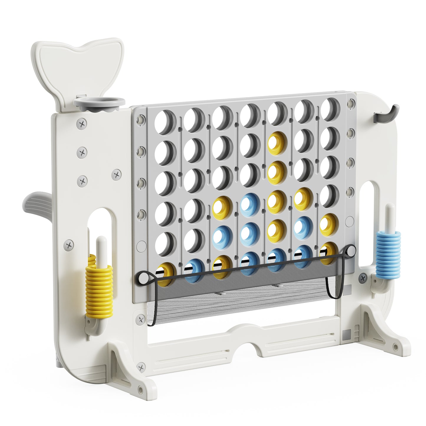 4-to-Score Giant Game Set with Mesh Bag & Jumbo Connect 4, Basketball Hoop, Ring Toss & Golf Games, Height Adjustable in White+Gray HDPE