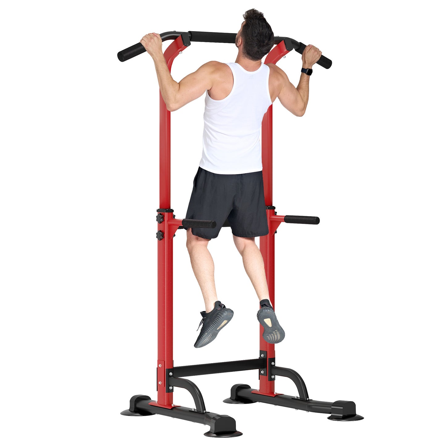 Adjustable Pull Up Bar & Dip Station - 10 Height Settings, 400LBS Capacity, Multifunctional Home Gym Strength Trainer for Men & Women,Red+Black