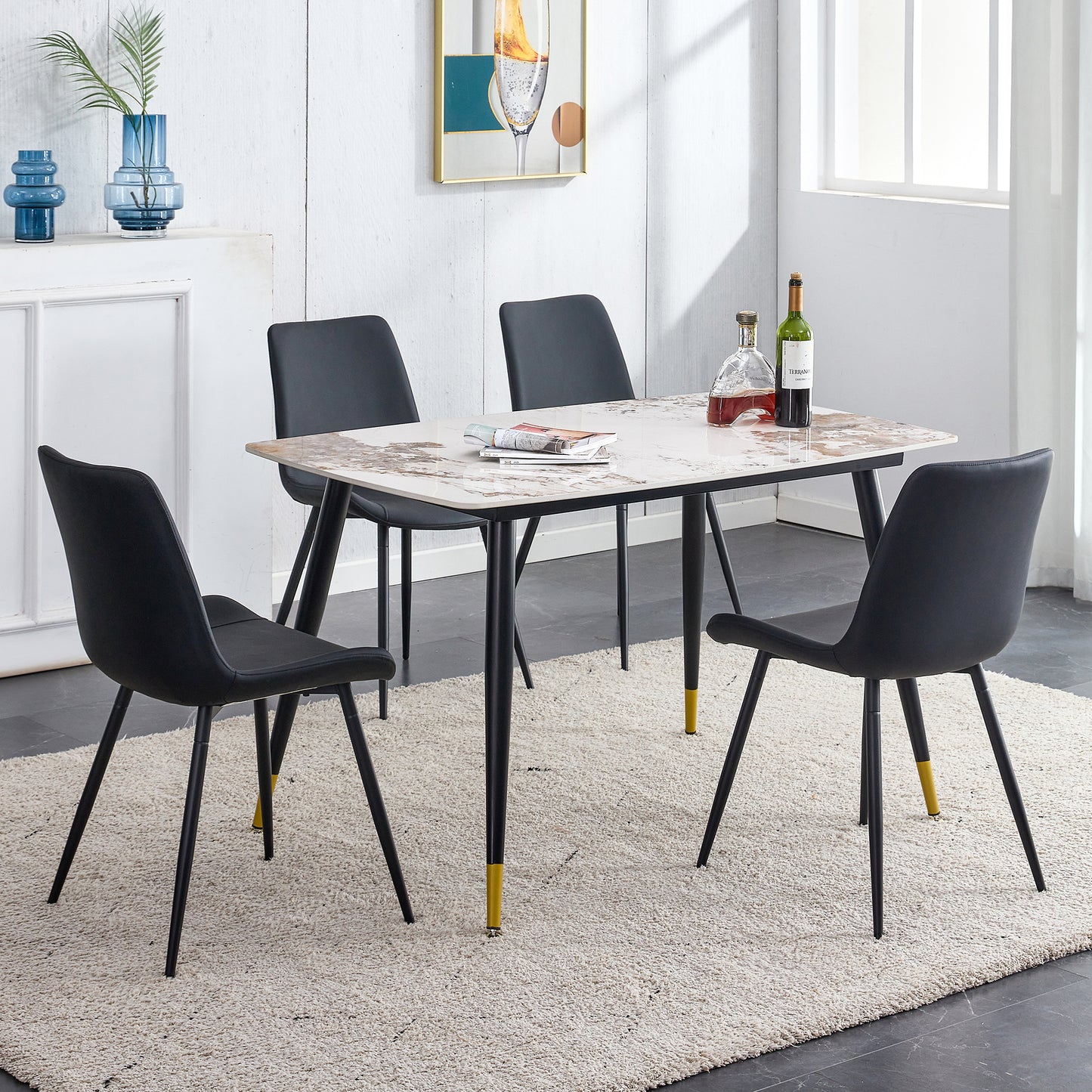 Table and chair set.48.4*28 Inch Sintered Stone Dining Table Set -  4 Black Artificial PU Chairs With Curved Widened Cushion Design.White Pandora Patterned Rock Slab Desktop.