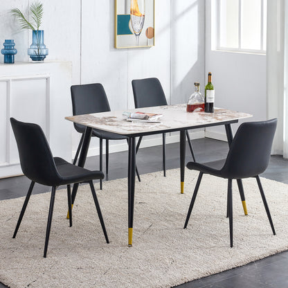 Table and chair set.48.4*28 Inch Sintered Stone Dining Table Set -  4 Black Artificial PU Chairs With Curved Widened Cushion Design.White Pandora Patterned Rock Slab Desktop.