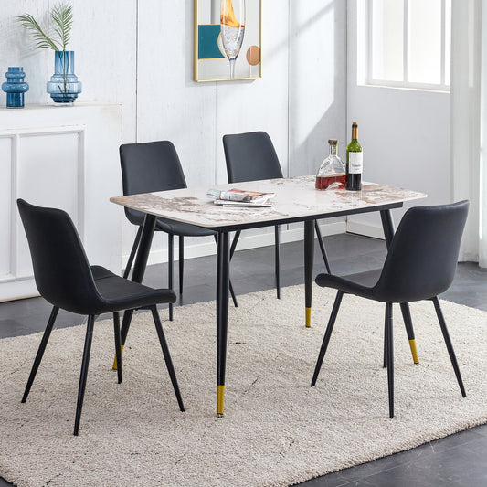 Table and chair set.48.4*28 Inch Sintered Stone Dining Table Set -  4 Black Artificial PU Chairs With Curved Widened Cushion Design.White Pandora Patterned Rock Slab Desktop.