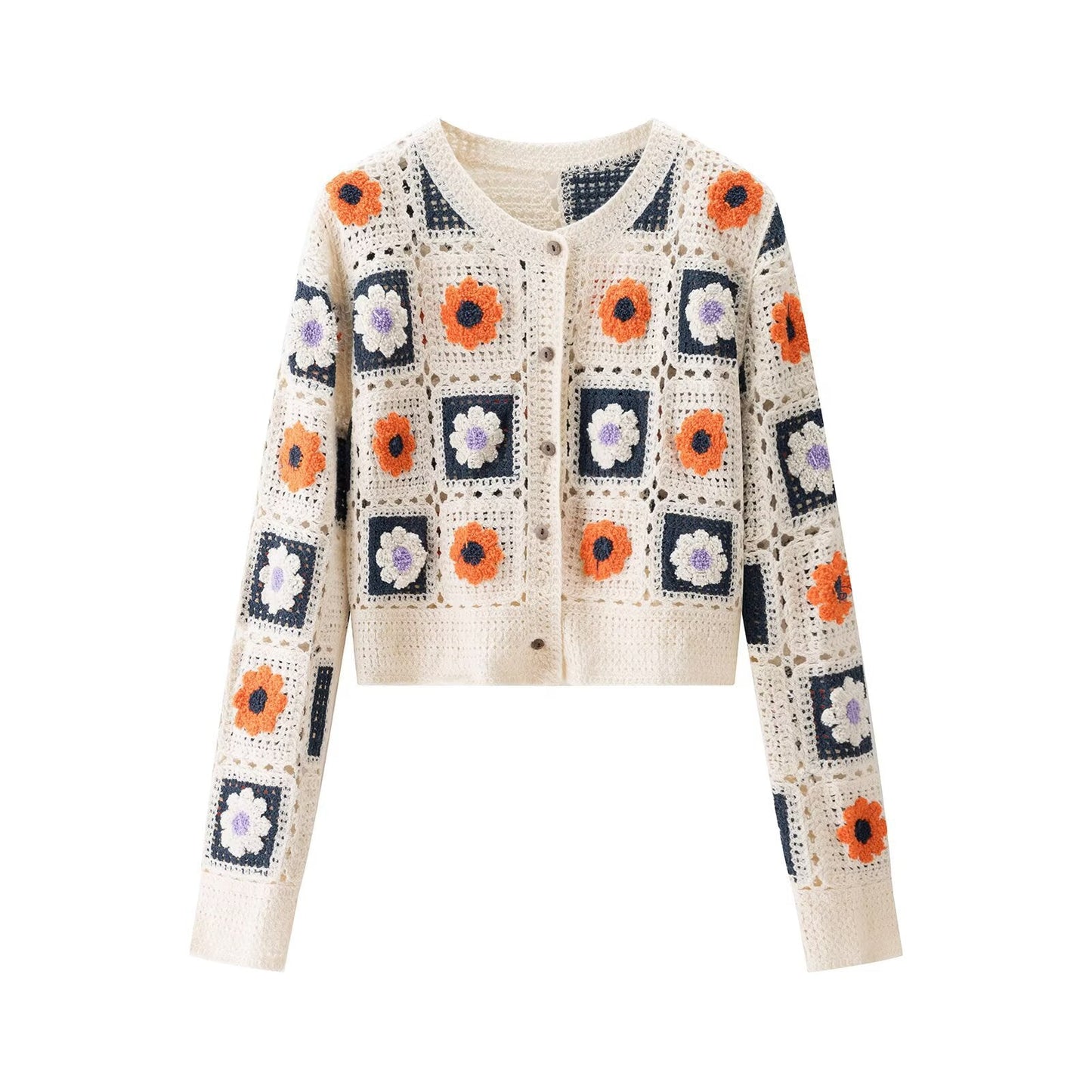 Women's Cardigan Cream Crochet Floral BYMANYC ® New York SOHO FLORAL GRANNY SQUARE CROCHET CARDIGAN - New Collection