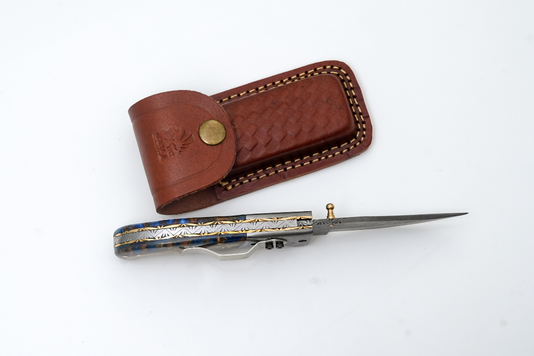 Hand-Forged Damascus Folding Pocket Knife | Blue Resin & Burl Wood Handle With Pocket Clip & Spine File Work -TF-073