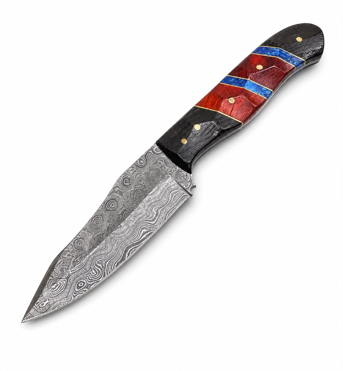 Premium Damascus Steel Fixed Blade Drop Point Knife – Custom Multi-Color Inlay Handle TKT-2