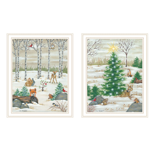 Trendy Decor 4U 2- Piece Vignette Woodland 'Critters for Christmas' White Framed Wall Art for Living Room, Bedroom Wall Art Print for Home Decor by Lisa Kennedy