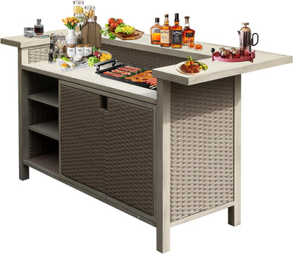 Patio Bar Table, Outdoor Aluminum PE Wicker Bar Cart with Cabinet, All Weather Use Storage Patio Cabinet for Patio Kitchen or Bar Cart, Wood Grain