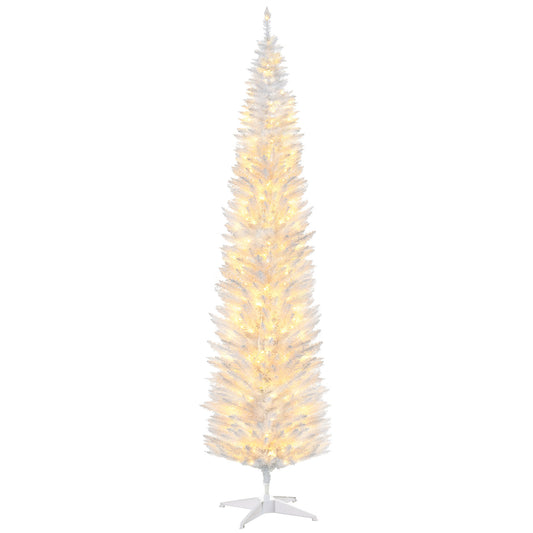 HOMCOM 8' Tall Pre-Lit Slim Noble Fir Artificial Christmas Tree with 300 Warm White LED Lights and 618 Tips, for Christmas Decoration, White