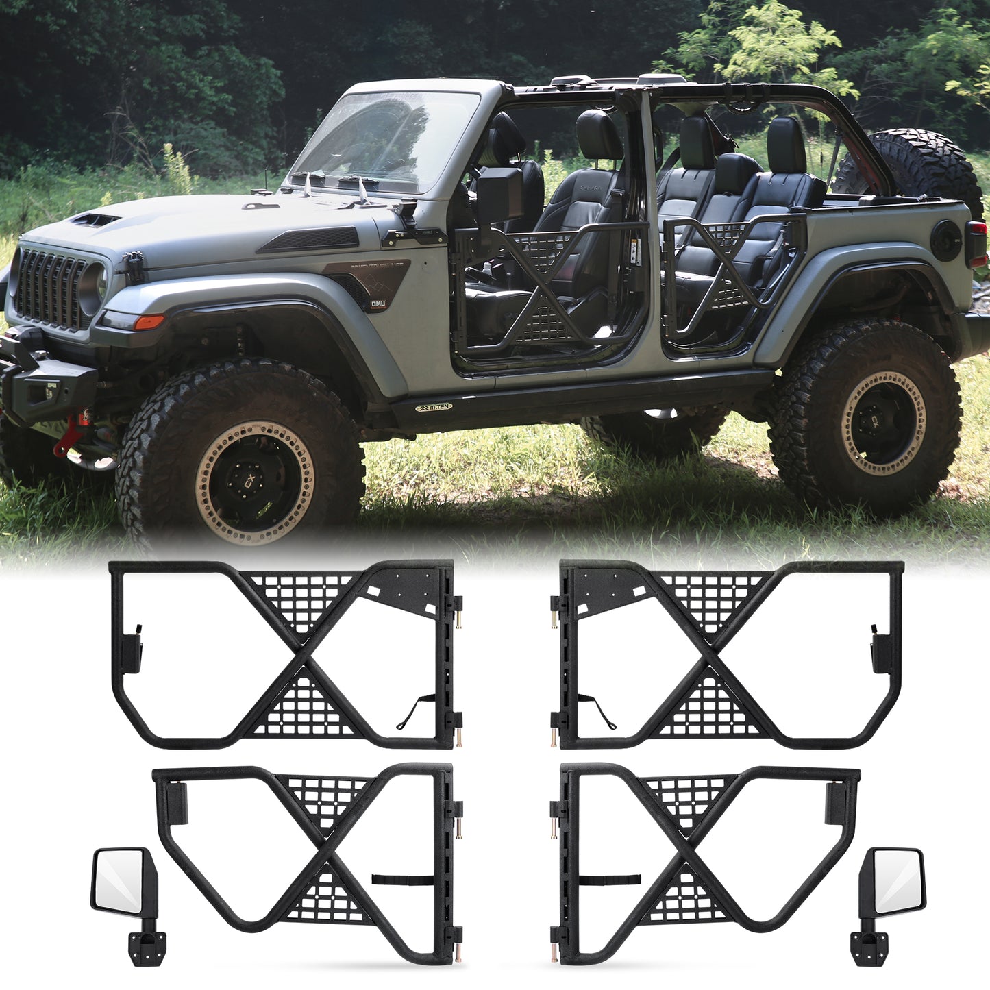 Tube Doors Tubular Half Doors with Side View Mirror Compatible with 2018-2024 Jeep Wrangler JL JLU & 2020+ Gladiator JT 4XE Safari Tubular Doors Off Road Summer Trail Adventure