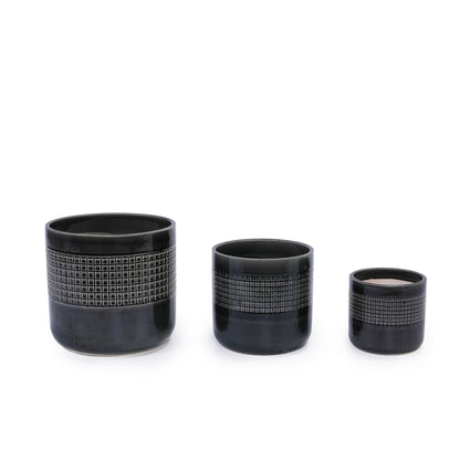 3 Pieces Ceramic Flowerpot, Modern Planter for Patio, Garden or Windowsills - Black