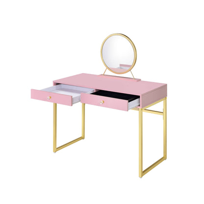 Coleen Pink & Gold Finish Vanity Desk W/Mirror & Jewelry Tray