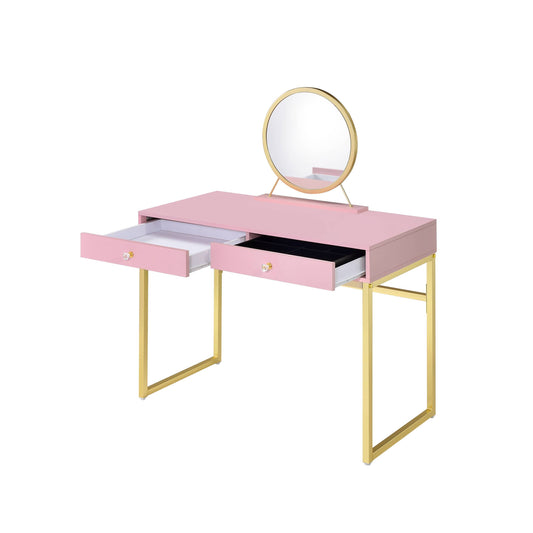 Coleen Pink & Gold Finish Vanity Desk W/Mirror & Jewelry Tray